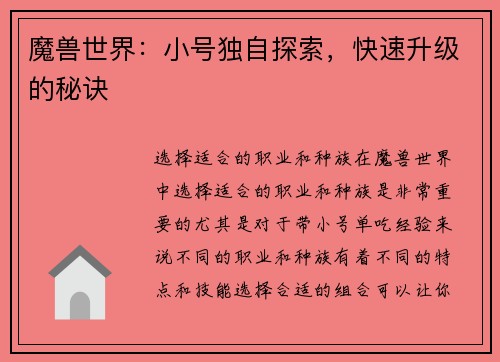 魔兽世界：小号独自探索，快速升级的秘诀